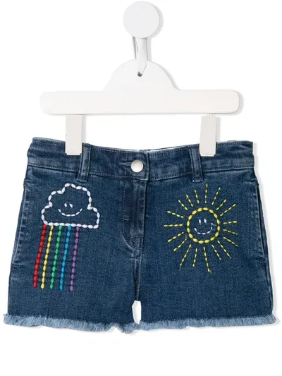 Stella Mccartney Kids' Cloud And Sun Embroidered Denim Shorts In Blue