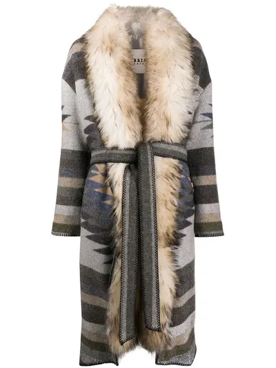 Bazar Deluxe Faux-fur Collar Belted Coat In Grey