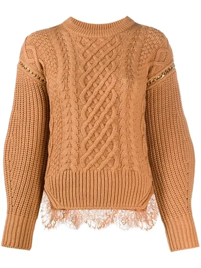 Self-portrait Lace-hem Cable Knit Sweater In Brown