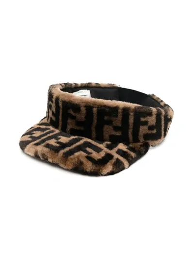 Fendi Kids' Lamb Fur Ff Motif Visor Cap In Brown