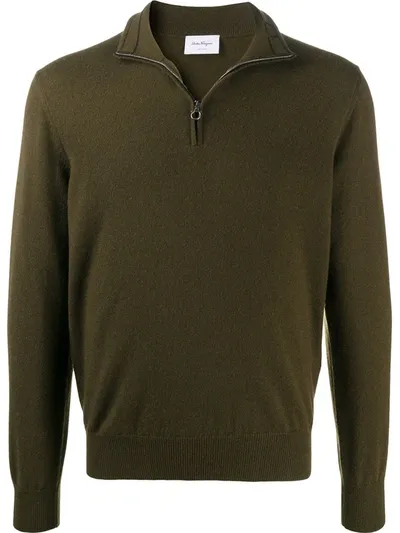 Ferragamo Quarter-zip Fine-knit Jumper In Green