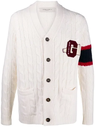 Golden Goose Logo Patch Cable Knitted Cardigan In White