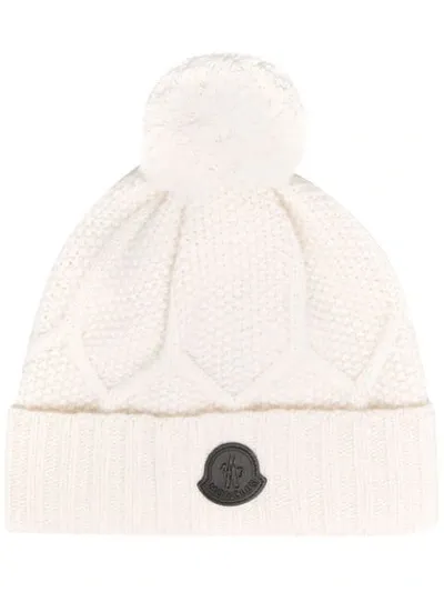 Moncler Logo-patch Cable-knit Beanie Hat In White