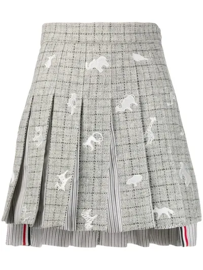 Thom Browne Embroidered-animal Pleated Skirt In Grey