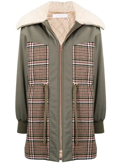 See By Chloé Check-panelled Zip-up Coat In Green