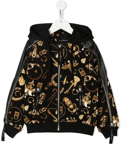 John Richmond Junior Kids' Printed Hooded Zip-up Jacket In Black