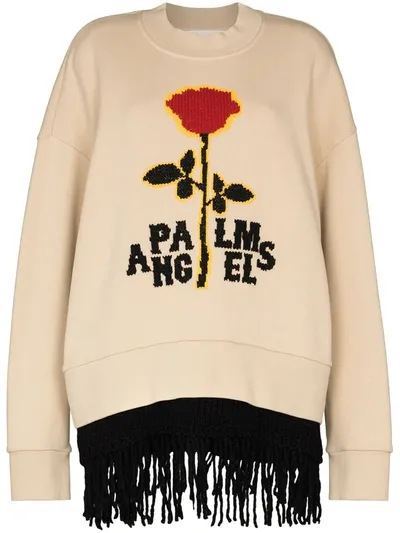 Palm Angels Jacquard Fringed Oversized Cotton Sweatshirt In Neutrals