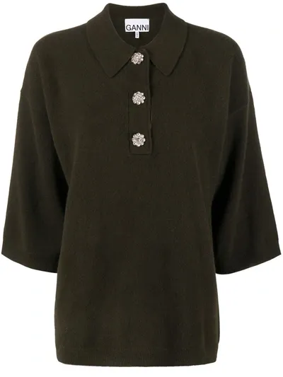 Ganni Flower-buttons Knitted Blouse In Green