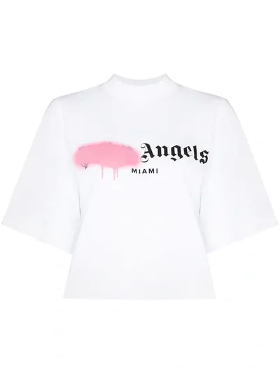 Palm Angels Spray Print Logo Cotton T-shirt In Grey