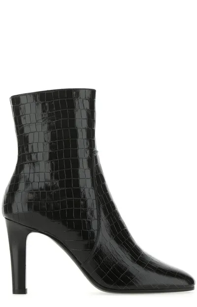 Saint Laurent Blu Croc-embossed Leather Ankle Boots In Nero