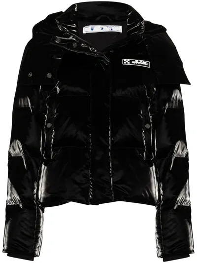 Off-white High-shine Hooded Padded Jacket In Black