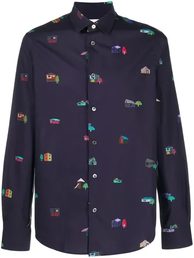 Paul Smith Graphic Print Cotton Shirt In Blue