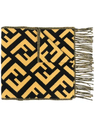 Fendi Ff Monogram Print Fringed Scarf In Yellow