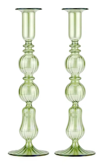 Moda Domus Set-of-two Tall Glass Candle Sticks In Green