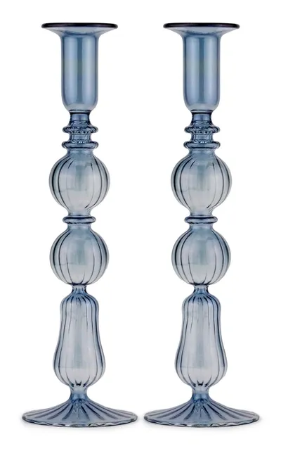 Moda Domus Set-of-two Tall Glass Candle Sticks In Blue