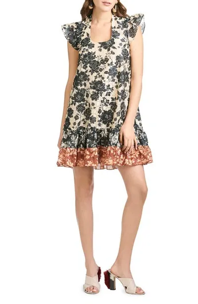 Sachin & Babi Sharla Gathered Printed Broderie Anglaise Mini Dress In Neutrals