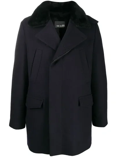 Yves Salomon Black Wool Coat In Blue