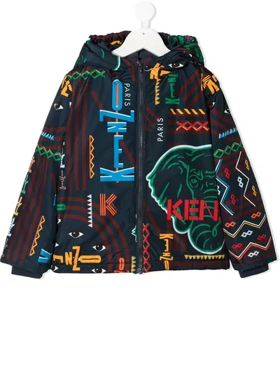 Kenzo Kids' Graphic Logo-print Hooded Jacket In Blue