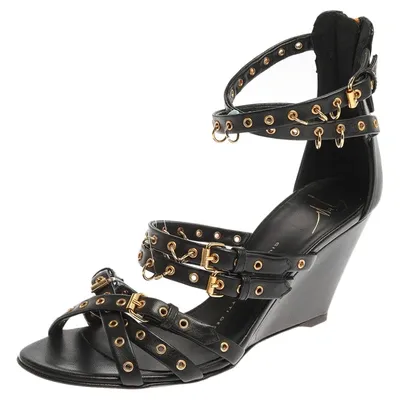 Pre-owned Giuseppe Zanotti Black Leather Eyelet Ankle Strap Wedge Sandals Size 36