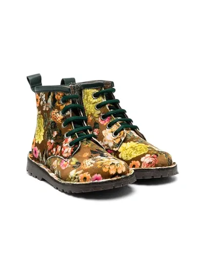 Pèpè Kids' Floral Print Velvet Boots In Yellow