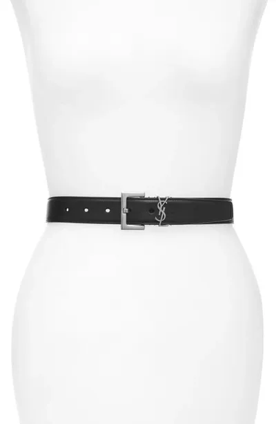 Saint Laurent Laque Ysl Monogram Leather Belt In Black/silver