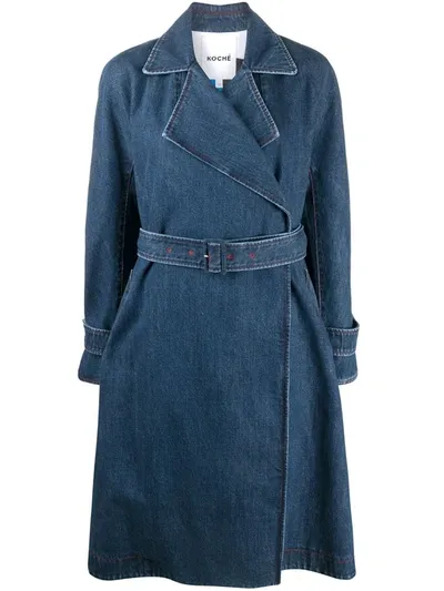 Koché Belted Denim Coat In Blue