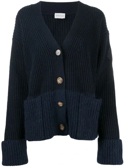 Moncler Logo-patch Chunky-knit Cardigan In Blue