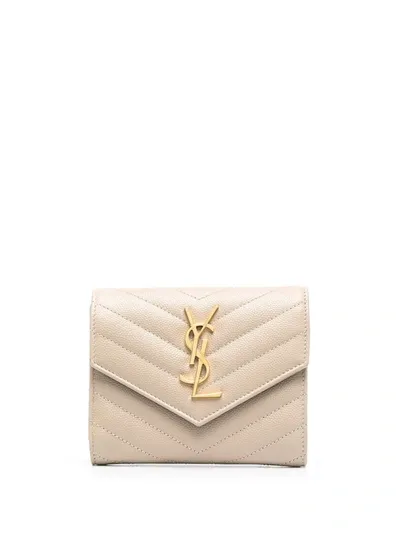 Saint Laurent Tri-fold Logo Plaque Wallet In Neutrals