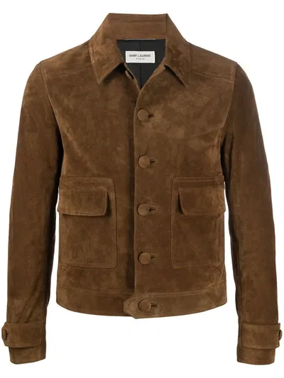 Saint Laurent Suede Cropped Jacket In Brown