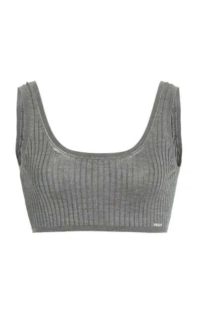 Prada Ribbed Silk Cropped Bra Top In Grey