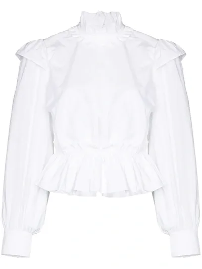 Ganni Ruffle-detailing Long-sleeve Blouse In White