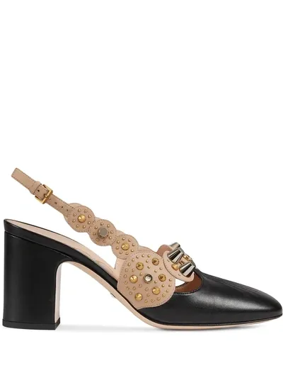 Gucci Interlocking G Studded Slingback Pumps In Black