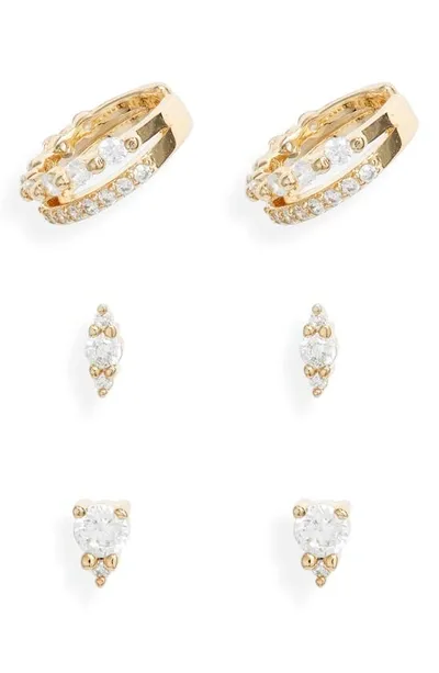 Nordstrom Set Of 3 Cubic Zirconia Ear Cuffs & Stud Earrings In Clear- Gold