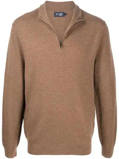 Hackett Zipped Neck Jumper In Brown