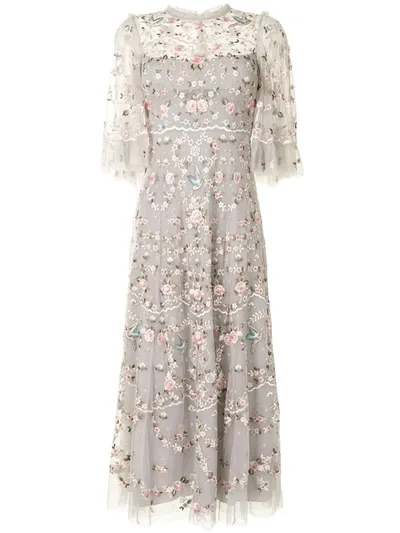 Needle & Thread Floral Embroidery Tulle Midi Dress In Grey