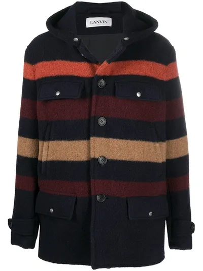 Lanvin Striped Wool Hooded Coat In Blue