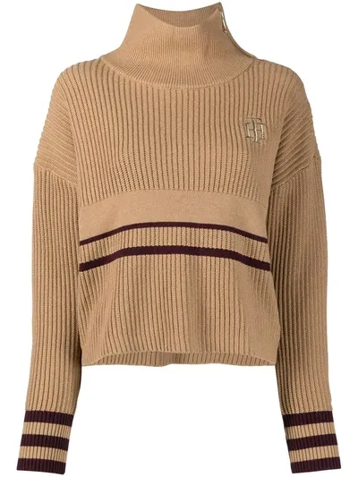 Tommy Hilfiger Intarsia-logo Ribbed Knit Jumper In Brown