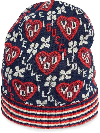 Gucci Kids' Jacquard Pattern Knit Beanie In Blue