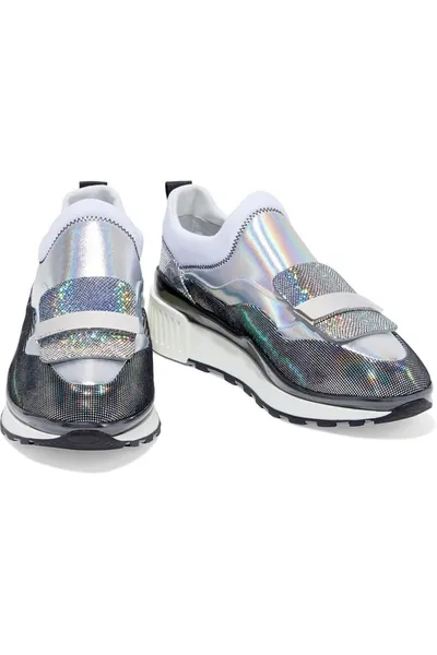 Sergio Rossi Running Patch Iridescent Leather And Neoprene Sneakers In Silver