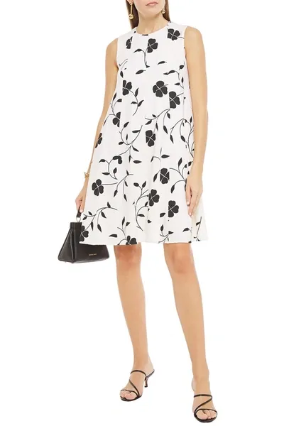 Oscar De La Renta Pleated Floral-print Wool-blend Crepe Dress In Ivory