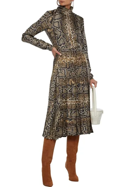 Victoria Beckham Pleated Snake-print Silk-twill Midi Skirt In Animal Print