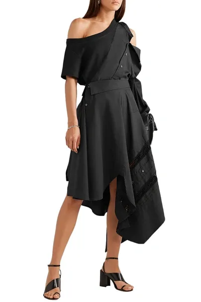 Monse Asymmetric Lace-trimmed Cotton-blend Poplin Skirt In Black