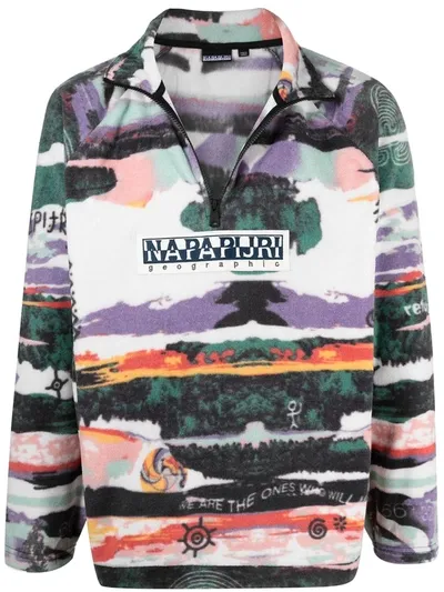 Napapijri Landscape-print Fleece Sweater In Neutrals