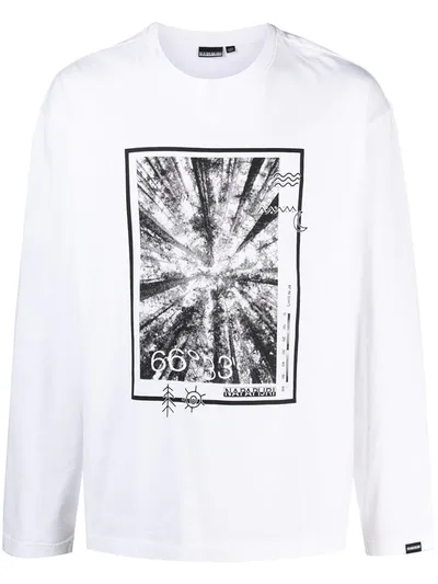 Napapijri Tree-print Long Sleeved T-shirt In White