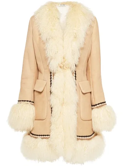 Miu Miu Shearling-trim Midi Coat In Neutrals