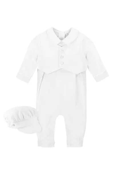 Carriage Boutique Babies'  Elegant Christening Romper & Newsboy Cap Set In White