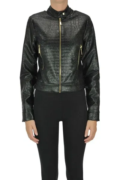 Nualy Crocodile Print Eco-leather Jacket In Black