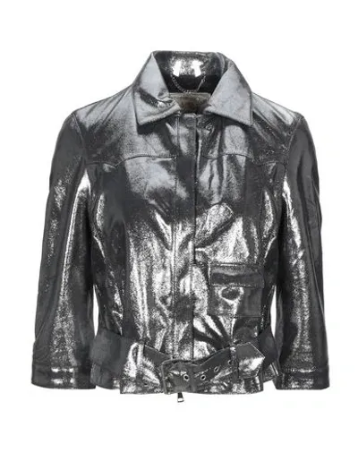 Vintage De Luxe Metallic Effect Leather Biker Jacket In Silver