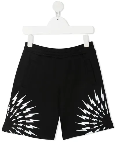 Neil Barrett Kids' Lightning Print Cotton Sweat Shorts In Black