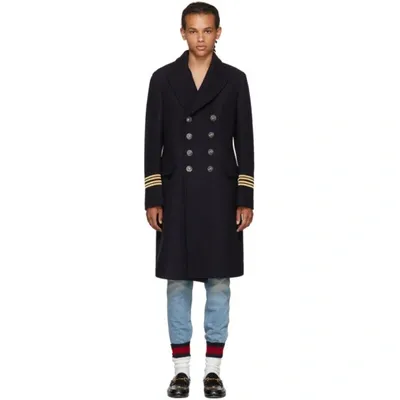 Gucci Embroidered Double-breasted Coat In Blue